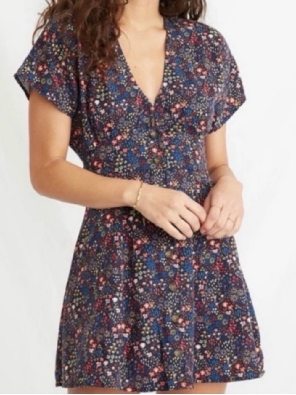 Marine Layer Camila Short Sleeve V-Neck Mini Dress Floral Blue Purple Small